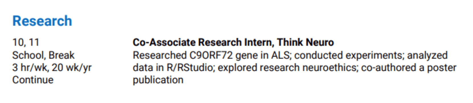 ThinkNeuro featured on a student's Common App activity list